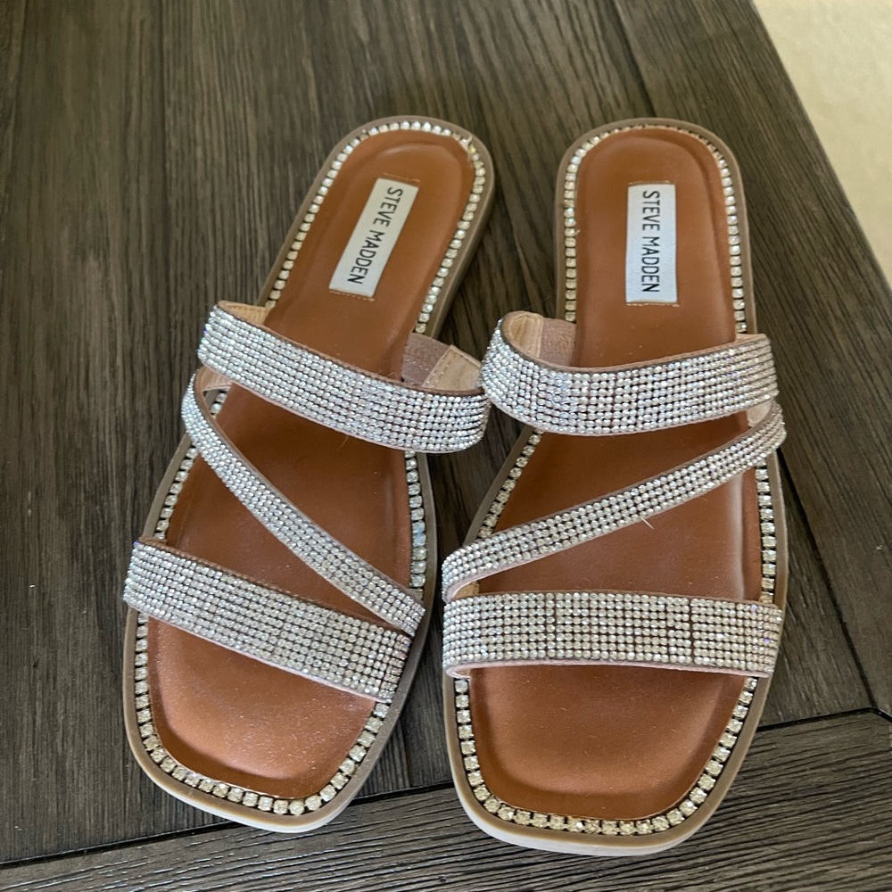 Steve Madden Rhinestone Embellished Sandals - Silver and Tan